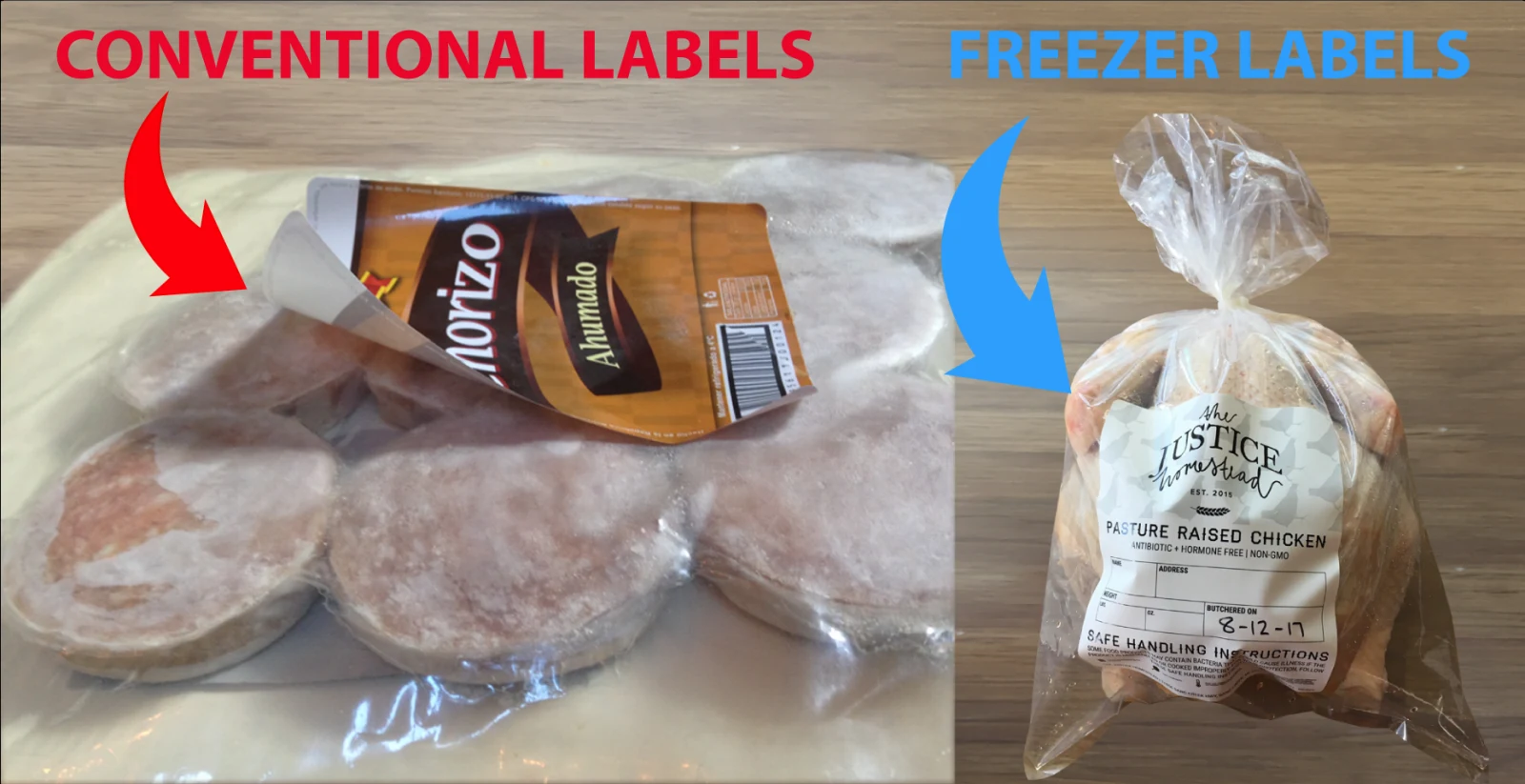 Side by side: a conventional label peeling off a bag of frozen chorizo, next to a freezer label still flat and readable on a bag of frozen chicken