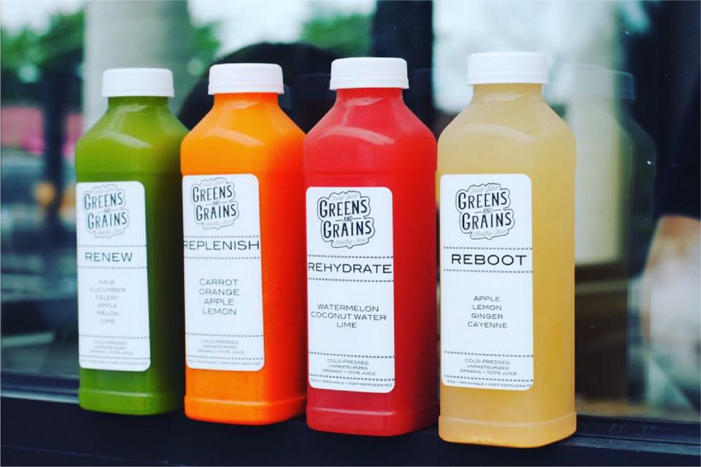 Four cold-pressed juice bottles with matching custom labels — Renew, Replenish, Rehydrate and Reboot