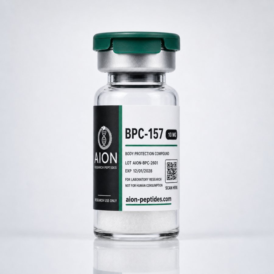 BPC-157 10 mg peptide vial with a wrap-around research label