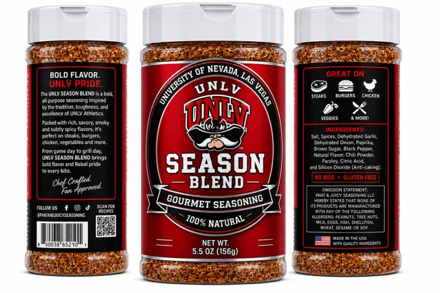Three UNLV Season Blend gourmet seasoning shakers, front and back, showing the full wrap-around label